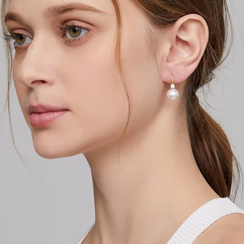 925 Sterling Silver Pearl Leverback Earrings for Women Cubic Zirconia Pearl Jewelry 10MM - color: A: Leverback-Yellow
