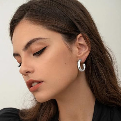 14K Gold Plated Chunky Open Hoop Earrings for Women | Lightweight Hollow Tube Hoop Earrings with 925 Sterling Silver Post, Chunky C Shape Design, Trendy Jewelry Gift for Women