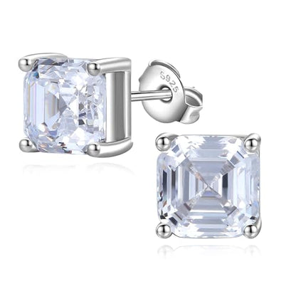 925 Sterling Silver 2-4 Carat Lab Simulation-Diamond Stud Earrings 5A Cubic Zirconia Stud Earrings Hypoallergenic White Gold Plated, Perfect Jewelry Gifts - style: Asscher Cut 7MM