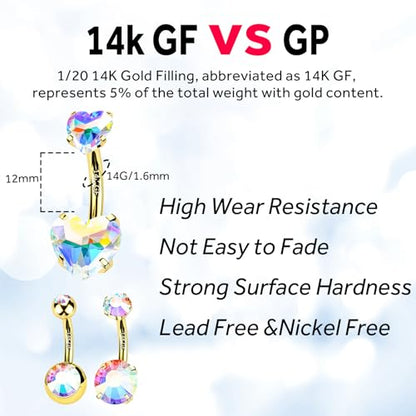 2pcs 14k Gold Filled Belly Button Rings, 14G 8mm/10mm/12mm Threaded Barbell Belly Button Piercing, Navel Ring Piercing Jewelry - color: 14K GF-2pcs-AB Heart CZ-12mm