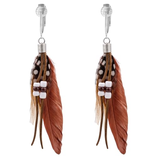 Aloha Earrings-Clip On Real Feather Earrings-Dangle Clip On Earrings Tassel Long Clip Earrings Bohemian - color: Brown Feathers