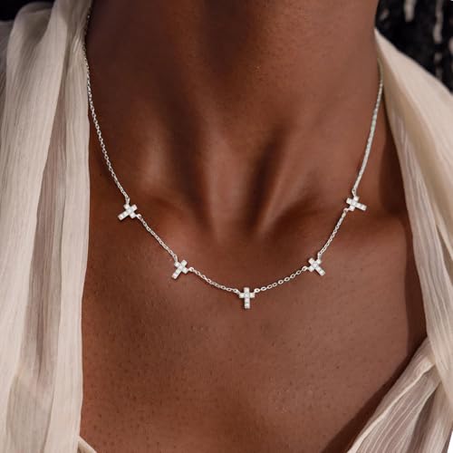 VRIUA Necklaces for Women - 14K Gold/Silver Plated Dainty Chain Necklace with Five Charms: Diamond, Bow, Snowflake, Cross, Flower, Clover, Butterfly, Heart, Star of David, and Star Trendy Jewelry - color: Silver, style: Cross CZ