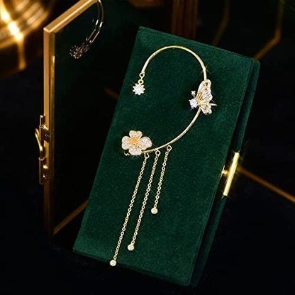 2 Pairs Dainty Silver Butterfly Ear Cuffs & Wraps for Women Non Piercing Bling Butterfly Tassel Style Zircon Earrings Ear Clips Bridal Wedding Jewelry - color: Gold-B