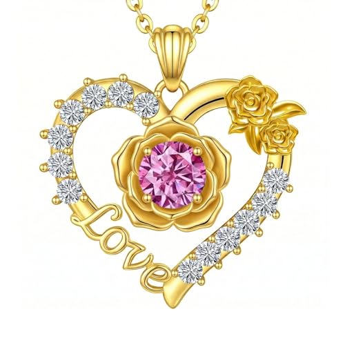 Birthstones Necklace Gifts for Women Love Heart Necklaces for Womenwith Rose Flower Jewelry Gifts for Mother's Day Valentine's Day Engagement Birthday Thanksgiving Christmas - color: October