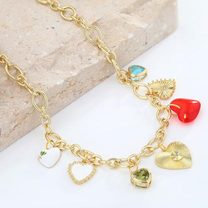 Charm Necklace for Women Gold Evil Eye Sun Moon Flower Coin Pendant Necklace Dainty Paperclip Chain Vintage Luck Amulet Choker Necklaces Celestial Jewelry Gift - style: 7 Heart Charms