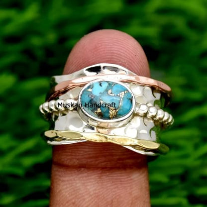 925 Sterling Silver Blue Copper Turquoise Spinner Ring | Handmade, Three Tone, Hammered Band, For Women, Sizes 3-16 US