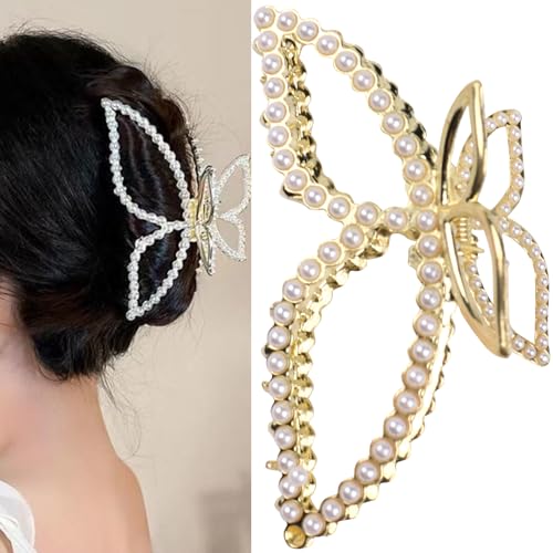 Butterfly Hair Clips Pearl Hair Claw Clip Large Spring Gold Butterfly Jaw Hair Clamps for Women Girls Non-slip Hair Barrettes Summer Hair Accessories for Thick or Thin Hair