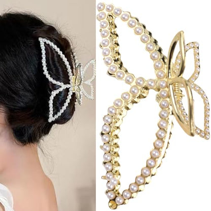Butterfly Hair Clips Pearl Hair Claw Clip Large Spring Gold Butterfly Jaw Hair Clamps for Women Girls Non-slip Hair Barrettes Summer Hair Accessories for Thick or Thin Hair