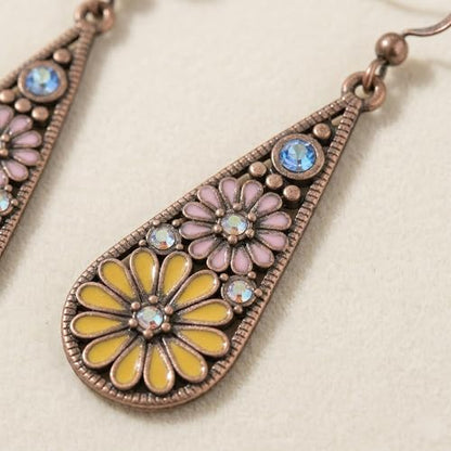 Bohemian Crystal Teardrop Dangle Earrings, Copper, Tribal Geometric Design, Handmade National Style for Women - color: Yellow