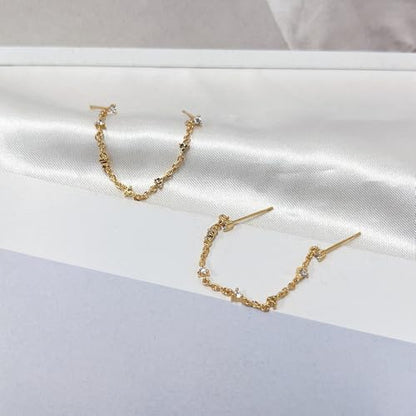 Zircons Stud Earrings For Women Double Studs Chain Tassel Piercing Earring 18K Gold Plated Cartilage Cubic Zirconia Two Hole Wedding Climber Crawler Wrap Earrings Threader Dangle Eternity Gift Mom Bff - color: Gold