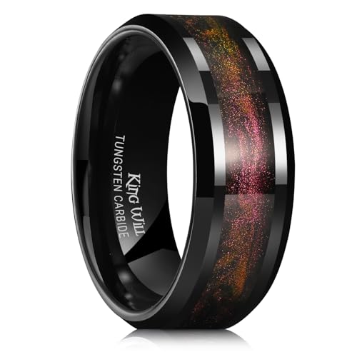 King Will Mens Galaxy Tungsten Wedding Band | 6mm/8mm, Beveled Edge, Comfort Fit, Durable, Sandstone Opal Inlay Polished, Everyday Wear - color: Black&Red&Yellow