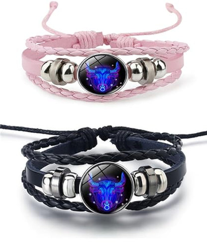 2Pcs Twelve Zodiac Leather Bracelet - Adjustable Zodiac Jewelry Accessory - color: Taurus