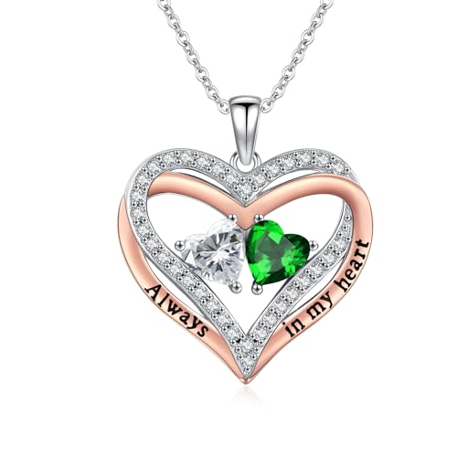 Heart Birthstone Necklace for Women 14K Rose Gold/White Gold Filled Overlapping Double Hearts Pendant Anniversary Valentine's Day Birthday Mother's Day Christmas Gifts for Wife Mom Daughter Her - color: 04-05-Apr-May Birthstone-A, style: Double-Layered Lo