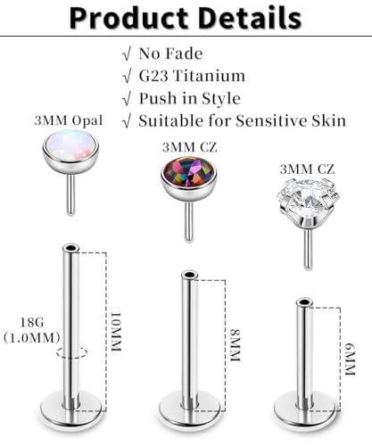 16G 18G 20G 3PCS G23 Titanium Push in Labret Monroe Stud Threadless Lip Ring Opal CZ Nose Stud Pure Titanium for Sensitive Skin Cartilage Helix Tragus Earrings Stud 6MM 8MM 10MM - style: 18G-Sliver