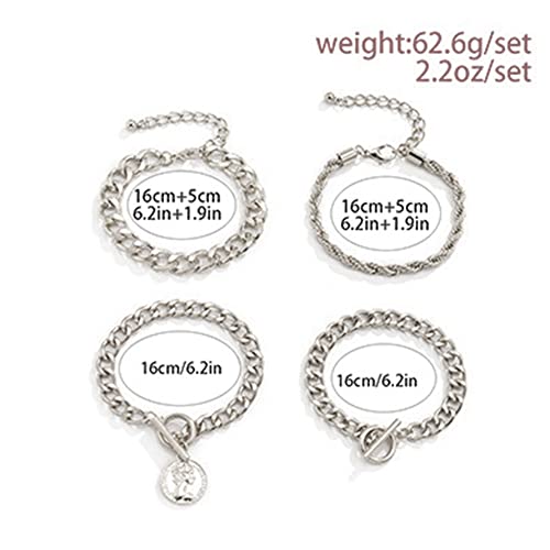 Boho Fashion Dainty Boho Gold Silver Chain Stackable Bracelets Set for Women Adjustable Beaded Coin Chunky Flat Cable Chain Punk Bracelets Jewelry for Women Gift Set of 4 - color: Silver