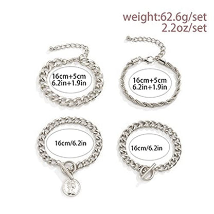 Boho Fashion Dainty Boho Gold Silver Chain Stackable Bracelets Set for Women Adjustable Beaded Coin Chunky Flat Cable Chain Punk Bracelets Jewelry for Women Gift Set of 4 - color: Silver