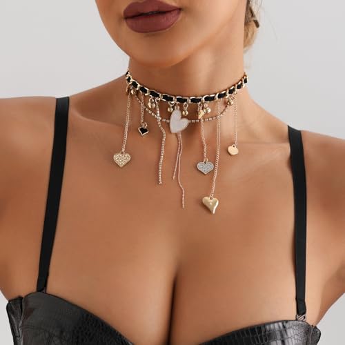 PLOUTOS Statement Layered Choker Necklace for Women Black Woven Chain With Charms And Dangles Plus-Shape Star Spike And Bar Pendants Adjustable Punk Y2K Style - color: Gold A