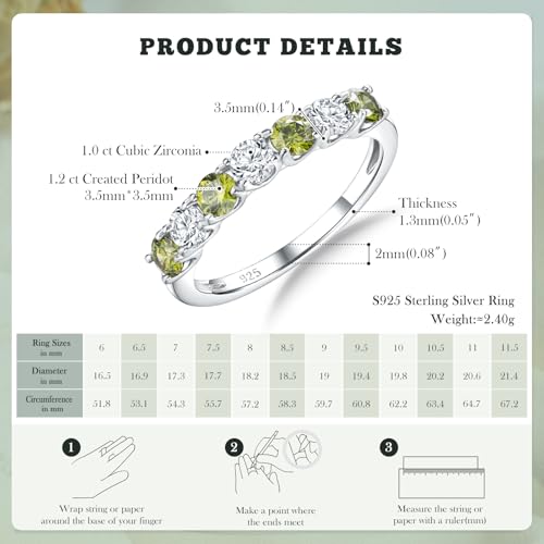 3.5mm Stackable Rings S925 Sterling Silver Created Birthstone & Cubic Zirconia Ring for Women Wedding Bands Anniversary Birthday Jewelry Size 6 to 10(with Box) - color: 08-Created Peridot & CZ-Aug