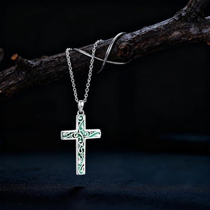 Cross Necklace for Men Women 925 Sterling Silver Cross Pendant Necklace Christian Religious Jewelry Gifts for Anniversary - color: 15-Malachite Cross