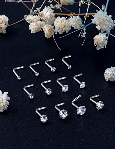 18G 20G 22G 24G Nose Rings Studs 316L Surgical Steel L Shaped Nose Nostril Studs Piercing Jewelry for Women Men Silver Gold Black CZ 1.5mm 2mm 2.5mm 3mm 3.5mm 4mm - style: Silver-20G(0.8mm)-7mm Bars-1.5mm 2mm 2.5mm 3mm 3.5mm 4mm CZ