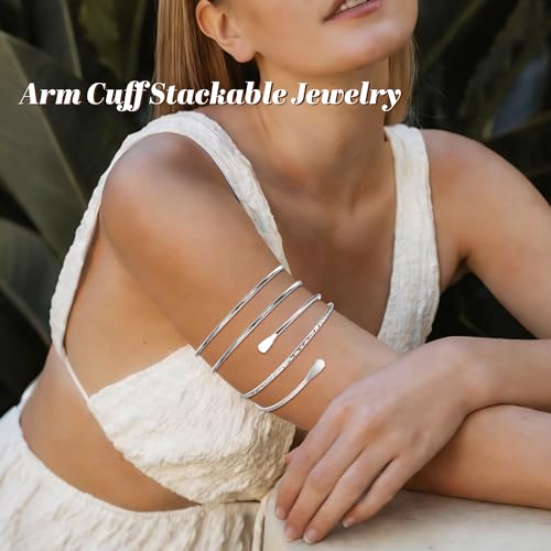 6 Pieces Upper Arm Cuff Arm Band Cuff Bangle Bracelet for Women Hammered Chunky Bracelets Open Wide Wire Bracelets Minimalist Coil Bangle Set Gold Sliver Wrist Cuff Wrap Bracelet Adjustable - color: Silver Cuff Bracelets C