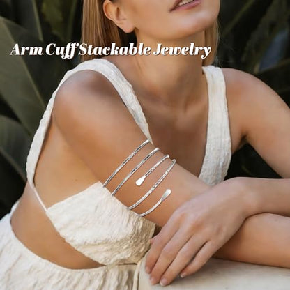 6 Pieces Upper Arm Cuff Arm Band Cuff Bangle Bracelet for Women Hammered Chunky Bracelets Open Wide Wire Bracelets Minimalist Coil Bangle Set Gold Sliver Wrist Cuff Wrap Bracelet Adjustable - color: Silver Cuff Bracelets C