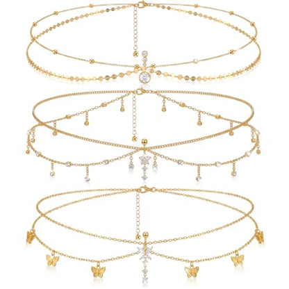 Hicarer 3 Pieces Crystal Belly Ring with Chain Rhinestone Waist Body Chain Bikini Belly Jewelry Beach Accessories Jewelry for Women Adults - color: Gold, style: Vibrant Style