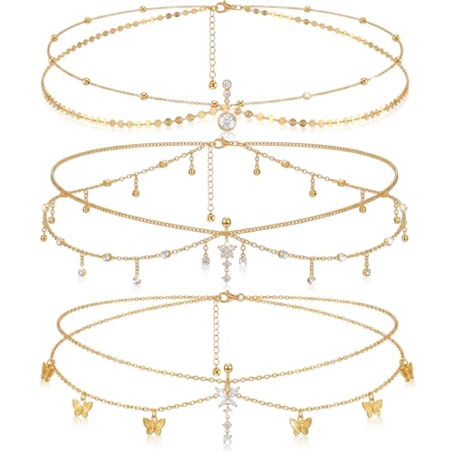 Hicarer 3 Pieces Crystal Belly Ring with Chain Rhinestone Waist Body Chain Bikini Belly Jewelry Beach Accessories Jewelry for Women Adults - color: Gold, style: Vibrant Style