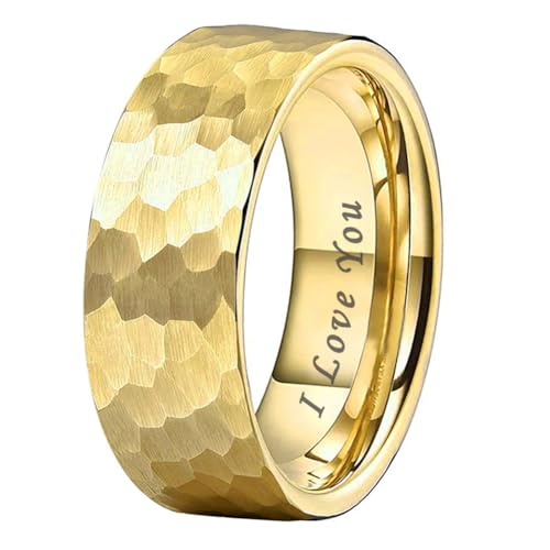 TUTISS 6mm 8mm Silver/Black/Gunmetal/Gold/Rose Gold Hammered Tungsten Rings for Men Women Couple Fashion Jewelry Engagement Wedding Bands Matte Finish Comfort Fit - color: 8mm Gold I Love You Engraved