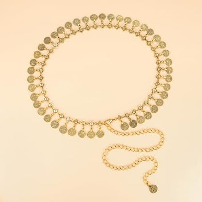 CHIC DIARY Metal Chain Belt for Women Coin Belly Link Tassel Belt for Dress | Boho Style Coin Pendant Tassel Belt Gold/Silver Adjustable Concho Belly Dance Belts for Dresses Skirts Jeans - color: Gold