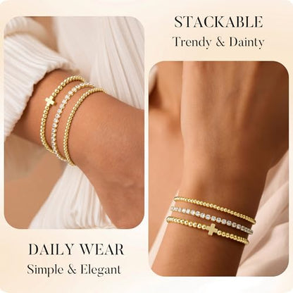 Turandoss Gold Bracelets for Women - Dainty 14K Gold Plated Tennis Bracelet | Stackable Cross Beaded Set, Twisted Rope Chain, Snake Paperclip Chain, Knot Cuff Bracelets for Women, Jewelry Gifts - color: Cross Beaded Set