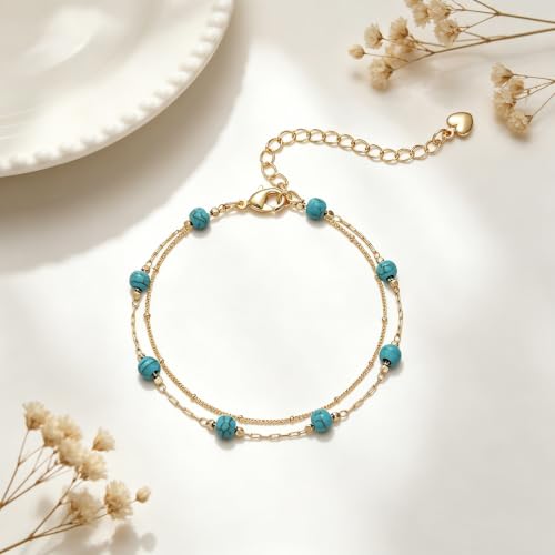Gold Bracelets for Women Dainty 14K Gold Plated Layered Chain Bracelets Turquoise Green Aventurine Crystal Beaded Bracelets for Women - color: Turquoise
