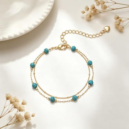 Gold Bracelets for Women Dainty 14K Gold Plated Layered Chain Bracelets Turquoise Green Aventurine Crystal Beaded Bracelets for Women - color: Turquoise