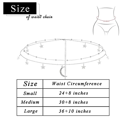 Waist Chain Silver Beads Belly Chain Gold silver Women Dainty Body Jewelry Accessories - color: silver star moon - 36 + 10 in