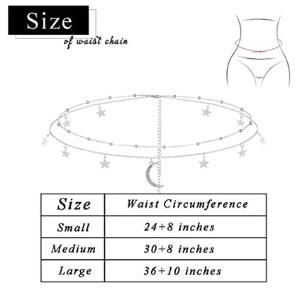 Waist Chain Silver Beads Belly Chain Gold silver Women Dainty Body Jewelry Accessories - color: silver star moon - 36 + 10 in