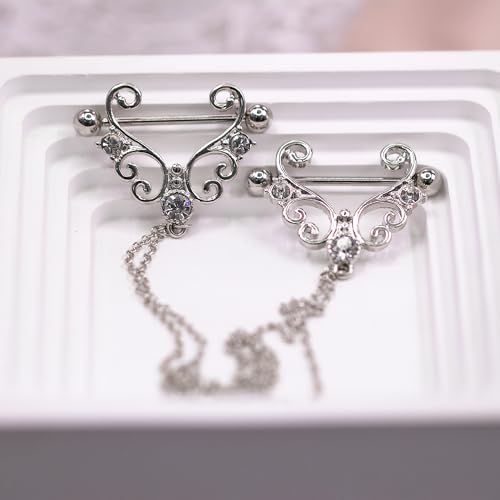 VERAMI 14G 316L Double Chain Connecting Heart CZ Nipple Rings Stainless Steel Skull Angel Piercing Barbell Body Pierced Jewelry for Women - color: Silver-A