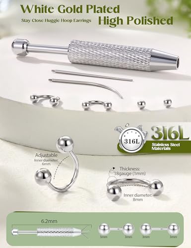 ORAZIO Half Huggie Earrings Jacket Pack for Women Backless Hoop Earring 18G | Hypoallergenic Surgical Steel Arc Hoop Backless No Back Stacks Set Small CZ Screwback Studs Jewelry Gift for Women Men Trendy - color: Silver Plated-Style1 Round
