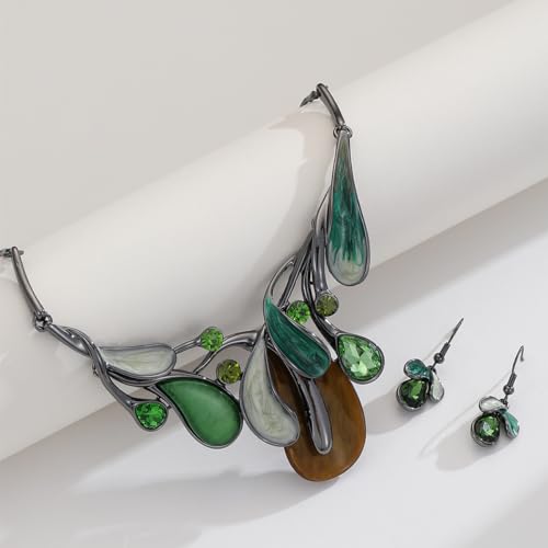 Chunky Statement Jewelry Set Vintage Retro Leaf Flower Floral Geometric Bohemian Boho Bib Necklace Earring Set Fashion Costume Jewelry for Women Girls Wedding Party Prom Unique Gift - style: teardrop leaf-green yellow