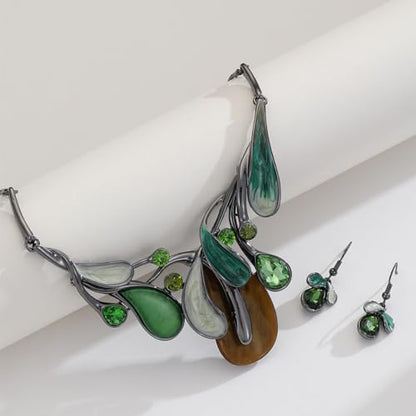 Chunky Statement Jewelry Set Vintage Retro Leaf Flower Floral Geometric Bohemian Boho Bib Necklace Earring Set Fashion Costume Jewelry for Women Girls Wedding Party Prom Unique Gift - style: teardrop leaf-green yellow