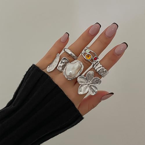 Chunky Rings for Women Stackable Vintage Adjustable Rings for Women Gold Statement Stone Ring Set Non Tarnish Vintage Jewelry - style: Silver 6
