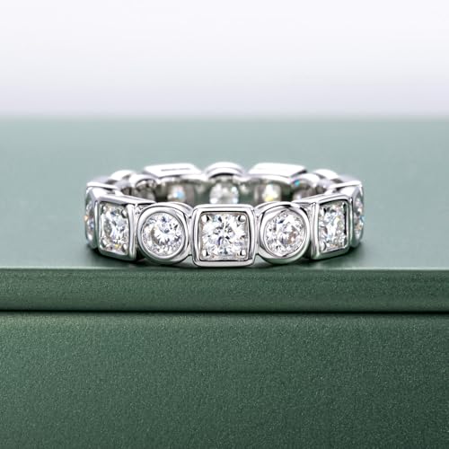Moissanite Eternity Ring, S925 Sterling Silver Wedding Band for Women - style: Geometric Bezel Eternity Band