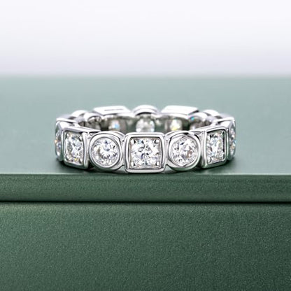 Moissanite Eternity Ring, S925 Sterling Silver Wedding Band for Women - style: Geometric Bezel Eternity Band