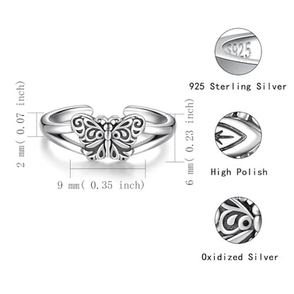 Sariel 925 Sterling Silver Toe Rings for Women Boho Adjustable Mid Finger Rings Summer Vacation Ocean Beach - color: Butterfly