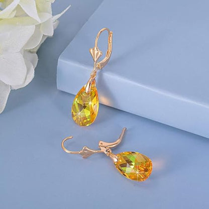 Austrian Crystal Teardrop Leverback Dangle Earrings for Women Fashion 14K Gold Plated Hypoallergenic Jewelry - color: Yellow