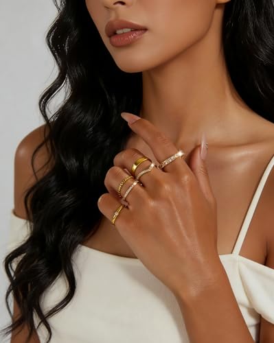 Stackable Gold Rings for Women Non Tarnish Dainty 14K Gold Plated Band Rings Cubic Zirconia Thumb Ring Trendy Statement Stacking Rings Set Promise Wedding Bands Engagement Rings Size 6-10 - color: 14K Gold Plated