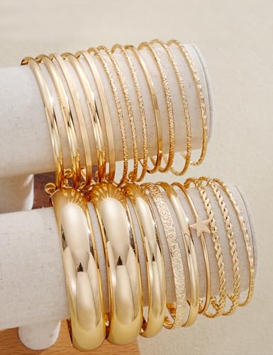 ÌF ME Gold Bangle Bracelets for Women, 19Pcs Multi Stackable Textured Bangles Set, 14K Gold Plated Chunky Bracelet Boho Jewelry Gifts - color: Gold-rotating twist