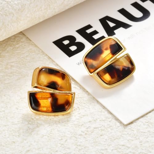 Rectangle/Round Leopard Print Stud Earrings for Women Gold Plated Vintage Geometric Resin Leopard Statement Studs Simple Unique Trendy Jewelry for Her Bff