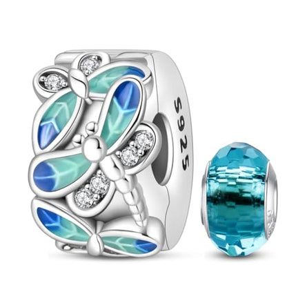 HappyStar 925 Sterling Silver Stopper Beads Charms for Bracelets Clip Spacer Beads with 5A Cubic Zirconia Mother's Day DIY Gifts for Women(With One Space Bead) - style: Dragonfly Clip Charm