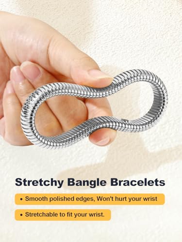 U7 Stretch Bracelets for Women Stainless Steel 18K Gold Plated Bangle Bracelets,Non Tarnish Link Bracelets,10mm,16mm,20mm - color: 02.Stainless Steel-16mm