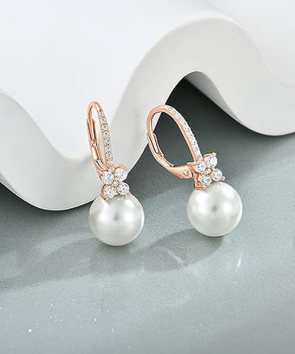 Pearl Earrings for Women 925 Silver Freshwater Real Pearl Drop Dangling Earrings for Birthday Christmas Anniversary - color: Rose Gold